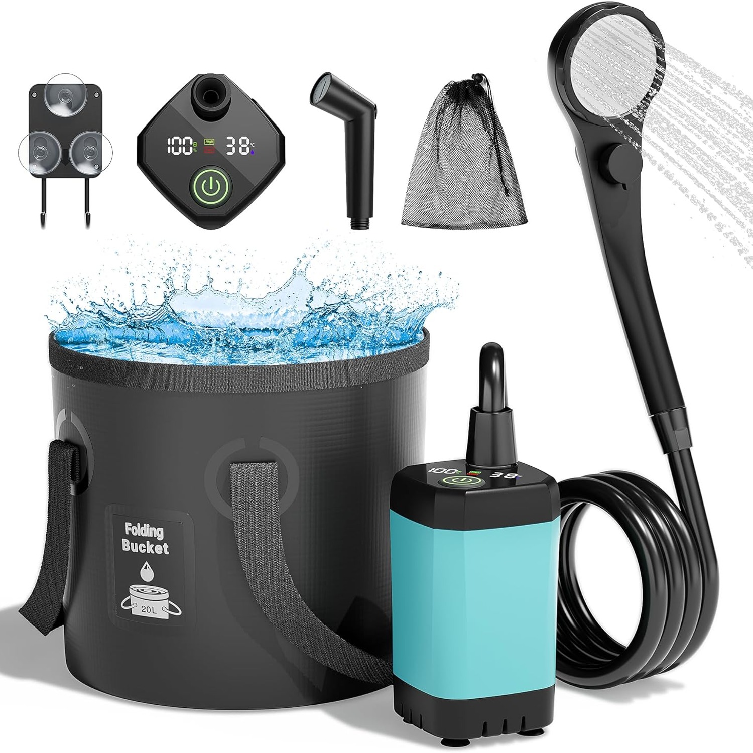 Rechargeable Camping Shower Kit with Collapsible Bucket