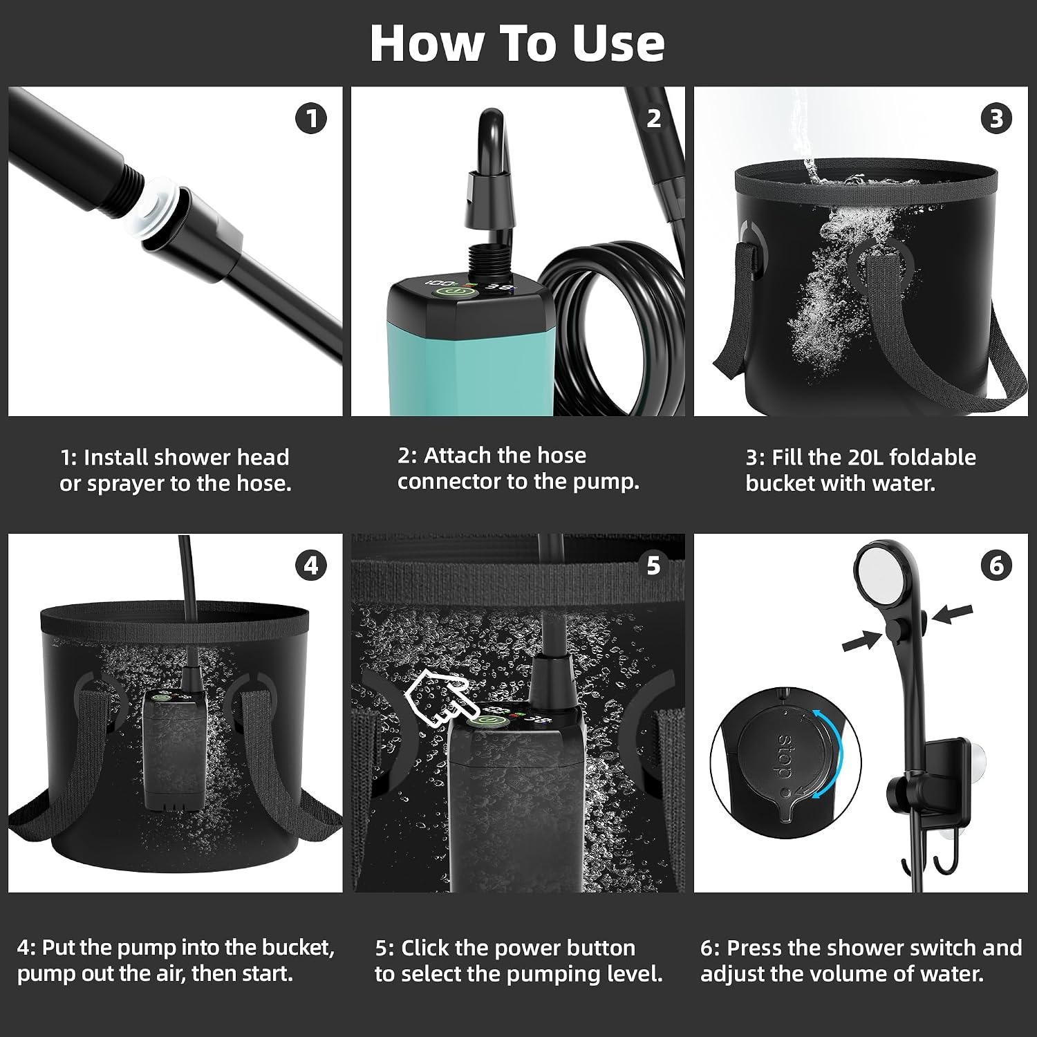 Rechargeable Camping Shower Kit with Collapsible Bucket: image 4