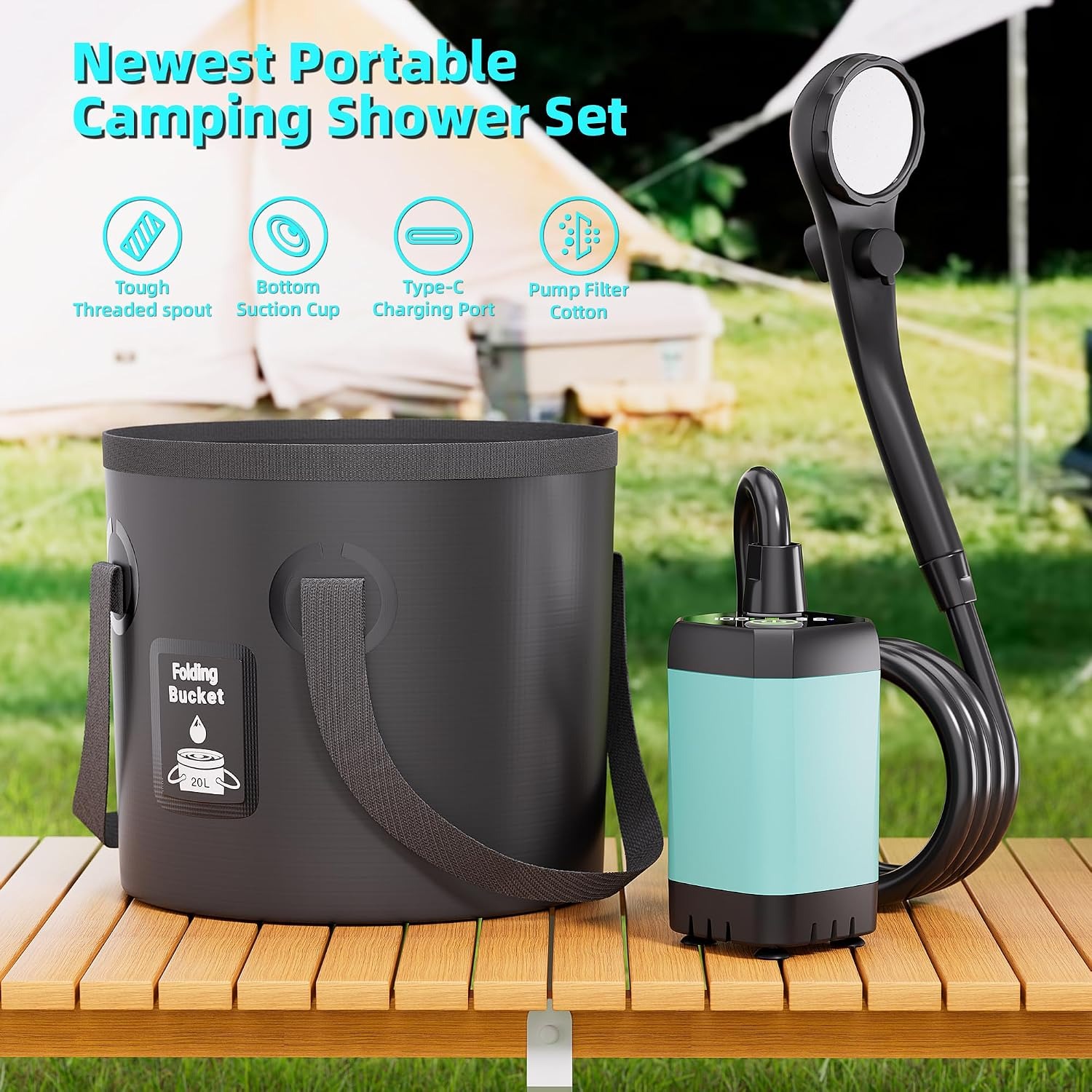 Rechargeable Camping Shower Kit with Collapsible Bucket: image 6